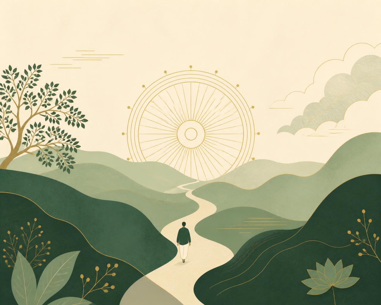 An illustrated figure walking a winding path through green hills toward a golden sun wheel